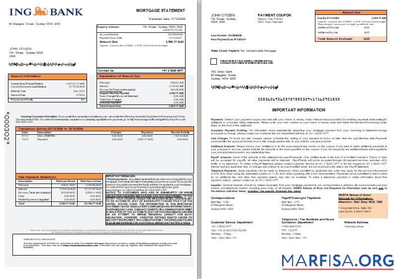Printable Australia ING Direct bank mortgage statement, 3 pages, 1 2 scr download for verification